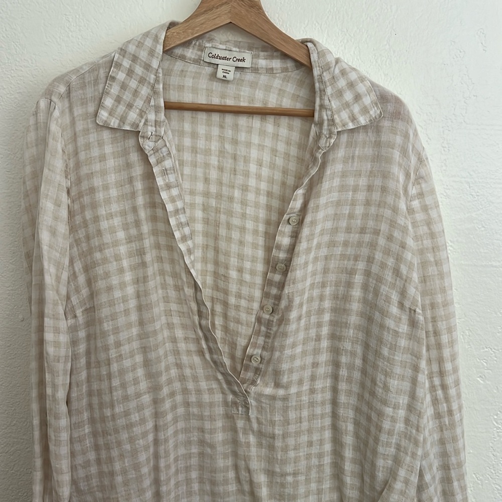 COLDWATER CREEK 100% Linen cream & white buttoned blouse